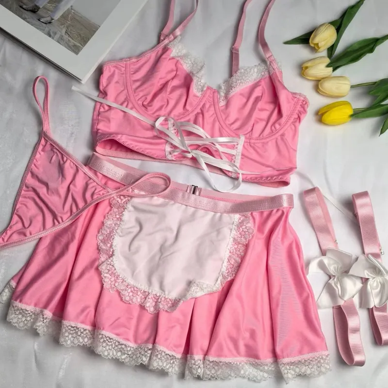 4Pcs/set Sexy Pink Lingerie Maid Underwear Lace Push Up Bra And Thongs Bandage Mini Dress For Women Role Play Outfits Sleepwear — image 7