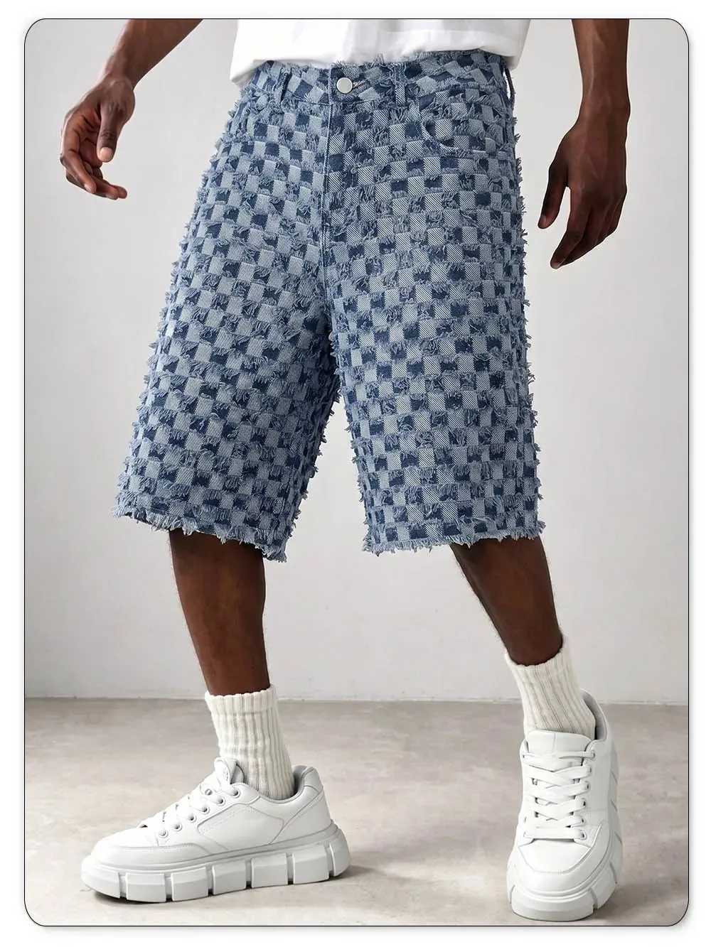 Men Fringe Checkerboard Jacquard Jean Shorts Casual Loose Wide Leg Raw Hem Knee Length Shorts Summer Bermuda Jeans — image 3