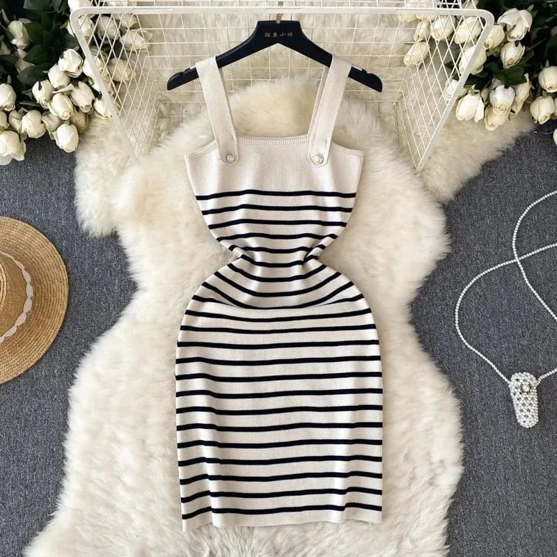 Women Striped Knit Sling Dress Blue White Wide Strap Metal Button Slim Fit Bodycon Mini Casual Summer Vacation Lady All Season