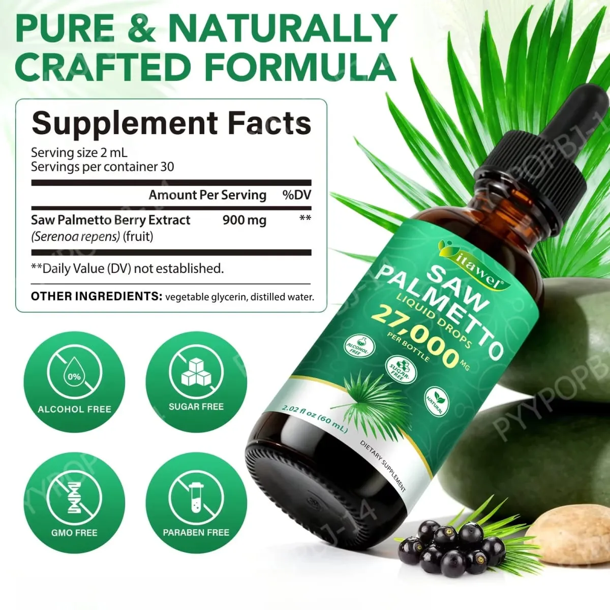 Itawel Saw Palmetto Liquid Drops Prostate Health Support Urinary Function Support GMO Free Paraben Free Sugar Free Vegan 60 ML — image 2
