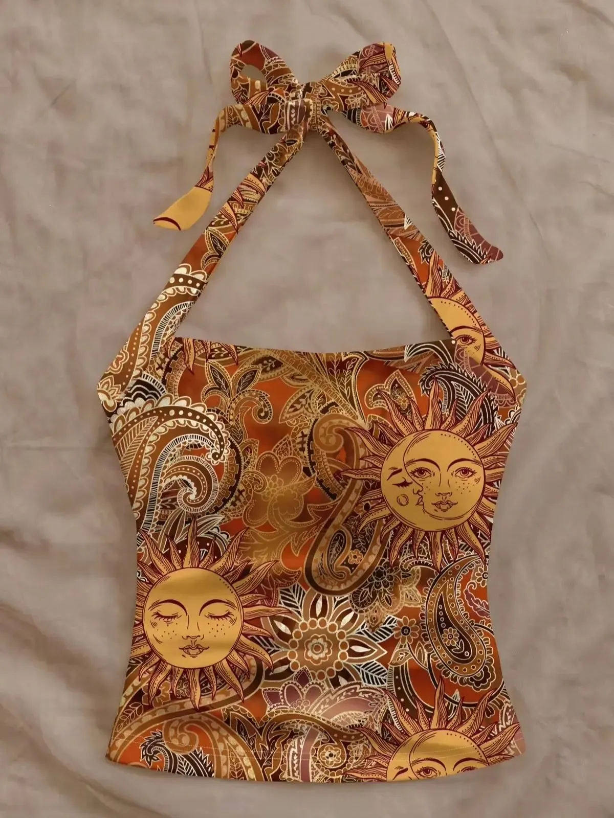 Women's Golden Sun God Paisley Full Print Halter Tank Top — image 6