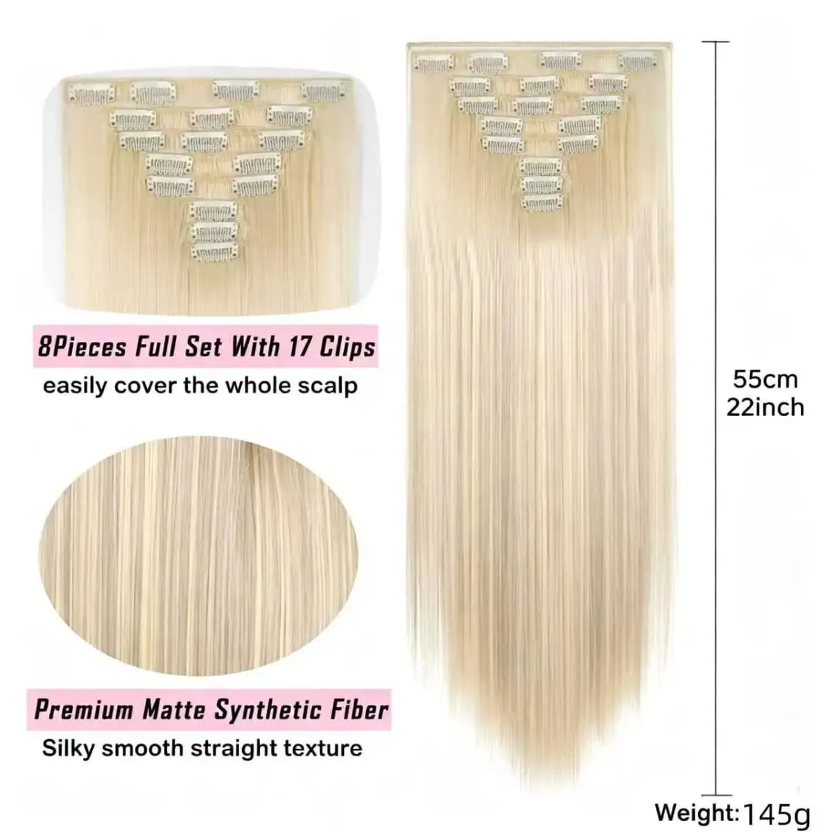 22Inch Long Straight Wavy Hair Extension 8Pcs/Set 17 Clips High Tempreture Synthetic Hairpiece Clip In Hair Extensions Cosplay — image 3