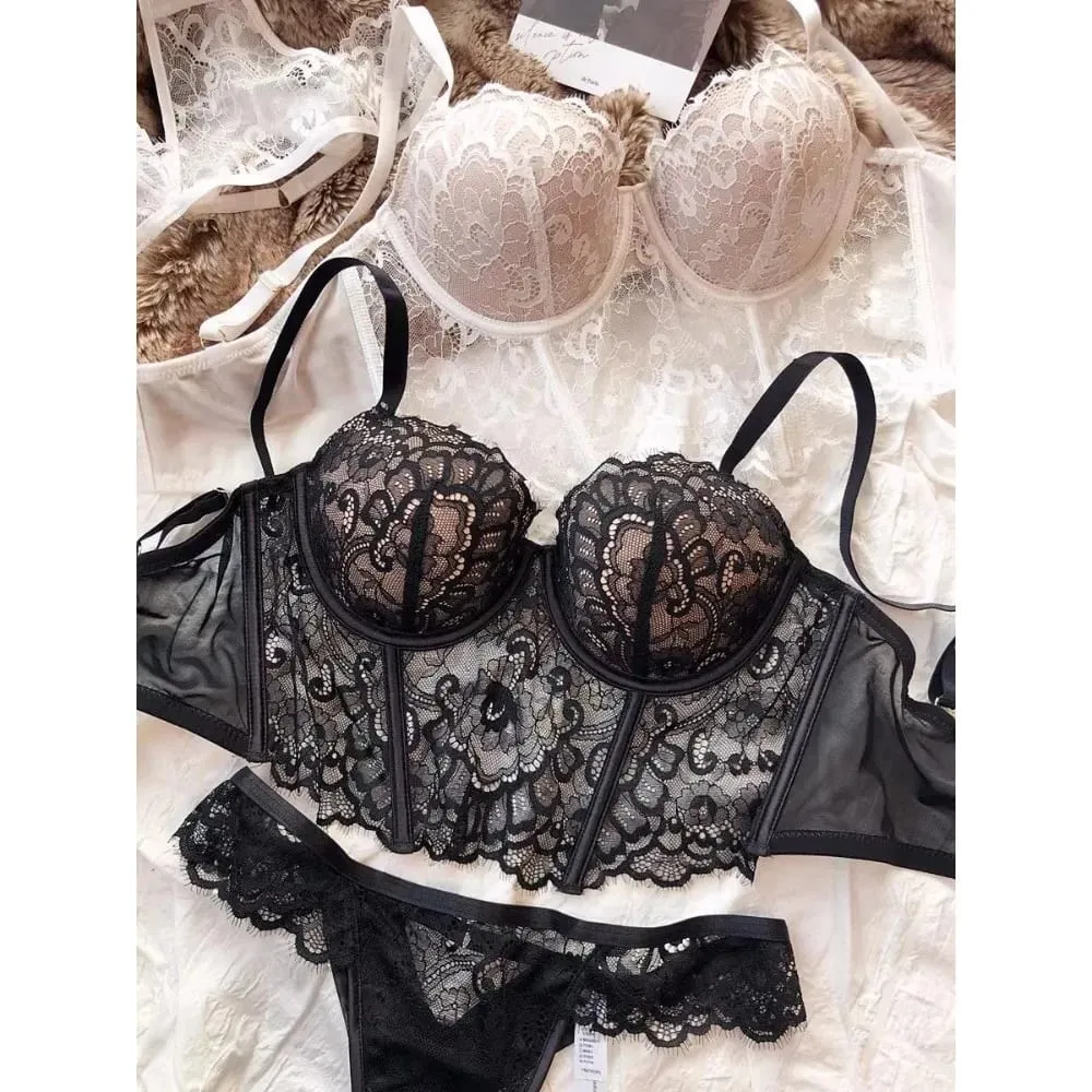 Women French Lace Fishbone Bra Soft Underwire 3/4 Cup Push‑Up Anti Sag Lingerie Slim Side Boob Control Sexy Ladies Underwear — image 4