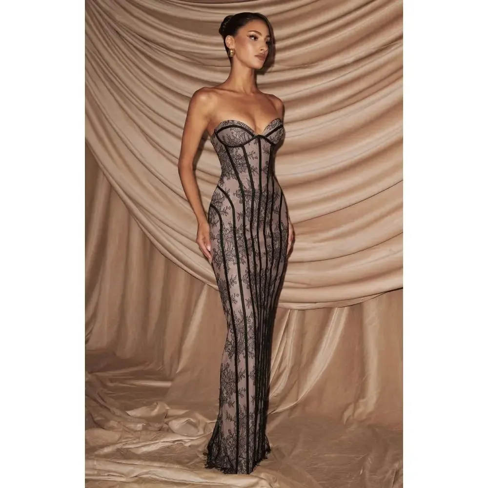 Elegant lace strapless waist cinching long dress with heart-shaped neckline for slimming and formal evening ladies' dress — image 3