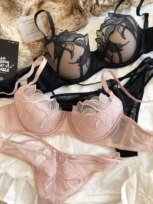 Sexy Women Lace Flowers Embroidery Underwear French Thin Cup Push Up Bra Set Hollow Temptation Waist Bandage Thongs Lingerie Set — image 5