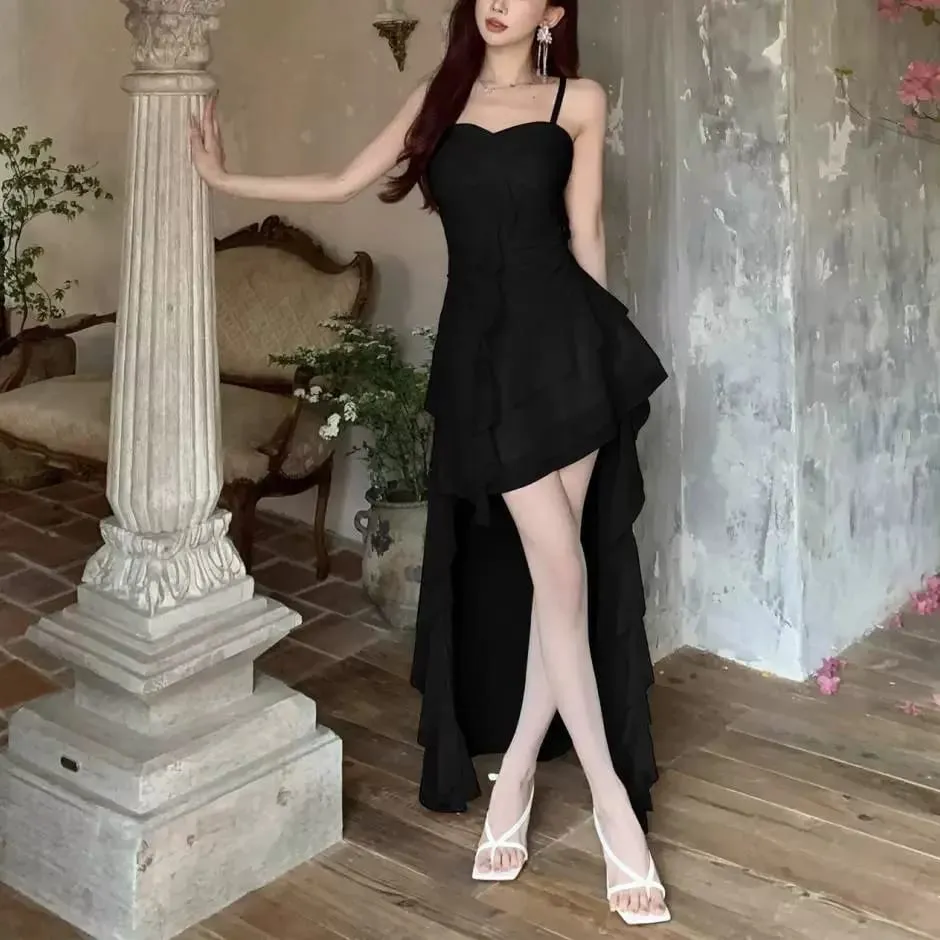 Fashion Sexy Spaghetti Strap Ruffle Irregular Bodycon Party Club Evening Dress Women Mesh Suspender Spring Summer Holiday Beach — image 2