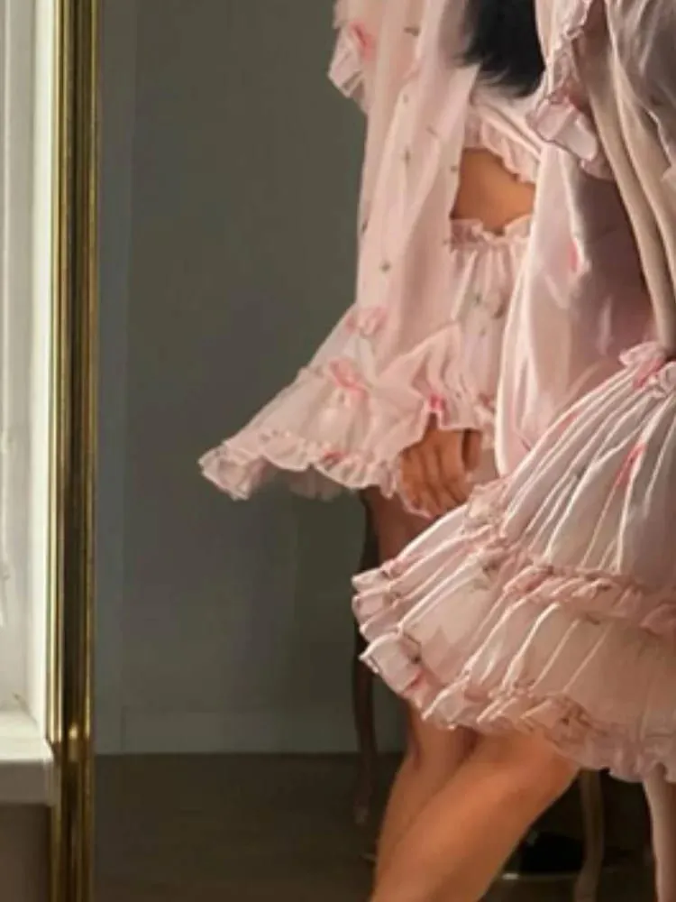 Květinové minišaty bez zad s květinovým potiskem Dámské Elegantní Volány do O s dlouhým rukávem Šaty v áčkové linii Letní elegantní Dámské Sváteční Vestido — image 7