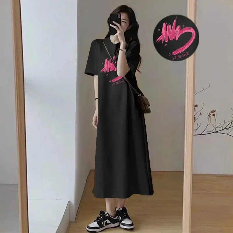 Women Summer Casual T‑Shirt Dress Short Sleeve Round Neck Letter Print Loose Long Maxi Dress Streetwear Oversized Sundress