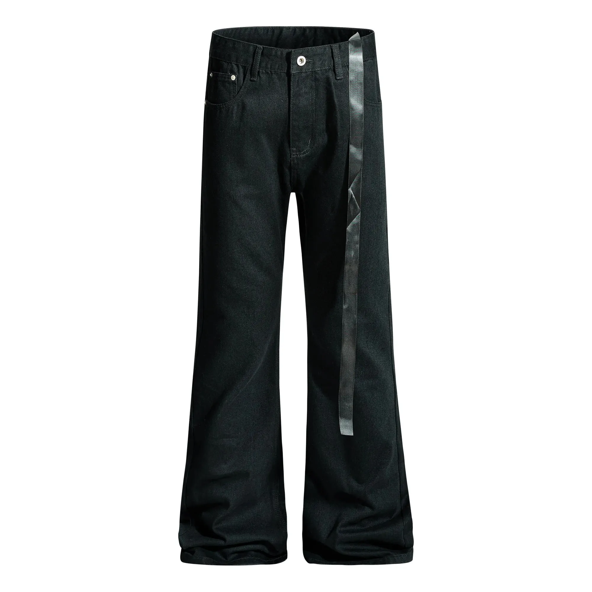 Vintage Washed Black Slim Fit Flare Jeans Long Ribbon Y2k Streetwear Casual Skinny Bell Bottom Jeans Distressed Fashionable — image 2