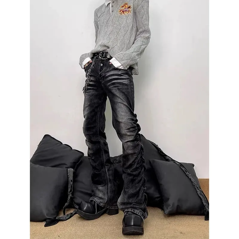 Spring Men's Flare Cargo Jeans Black Harajuku Japanese Low Rise Denim Pants Abi Y2k Bell Bottom American Retro Gyaru Bootcut New