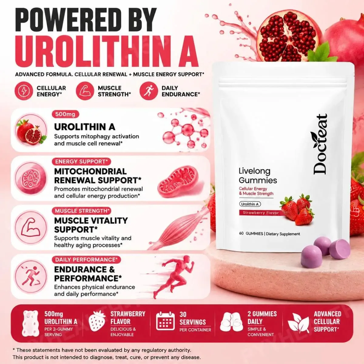 Docteat Urolithin A Gummies 500mg por porção Sabor morango Suporte diário para bem-estar celular 60 gomas para homens e mulheres — image 4