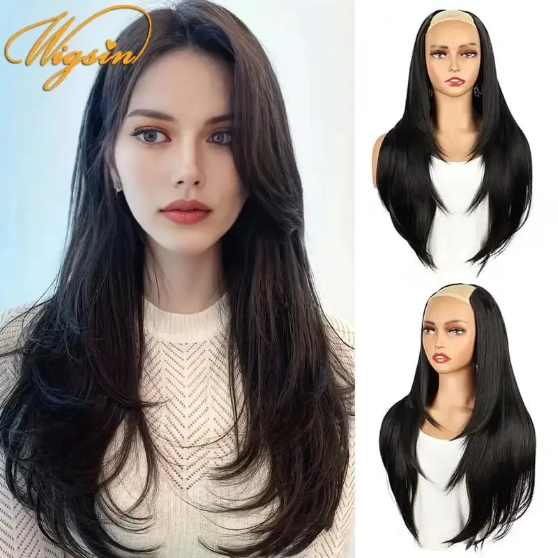 สังเคราะห์ 55 ซม.รูปตัว V Layered 4 คลิปยาวตรงผม EXTENSION ธรรมชาติที่มองไม่เห็น Hairpiece วิกผมสำหรับผู้หญิง