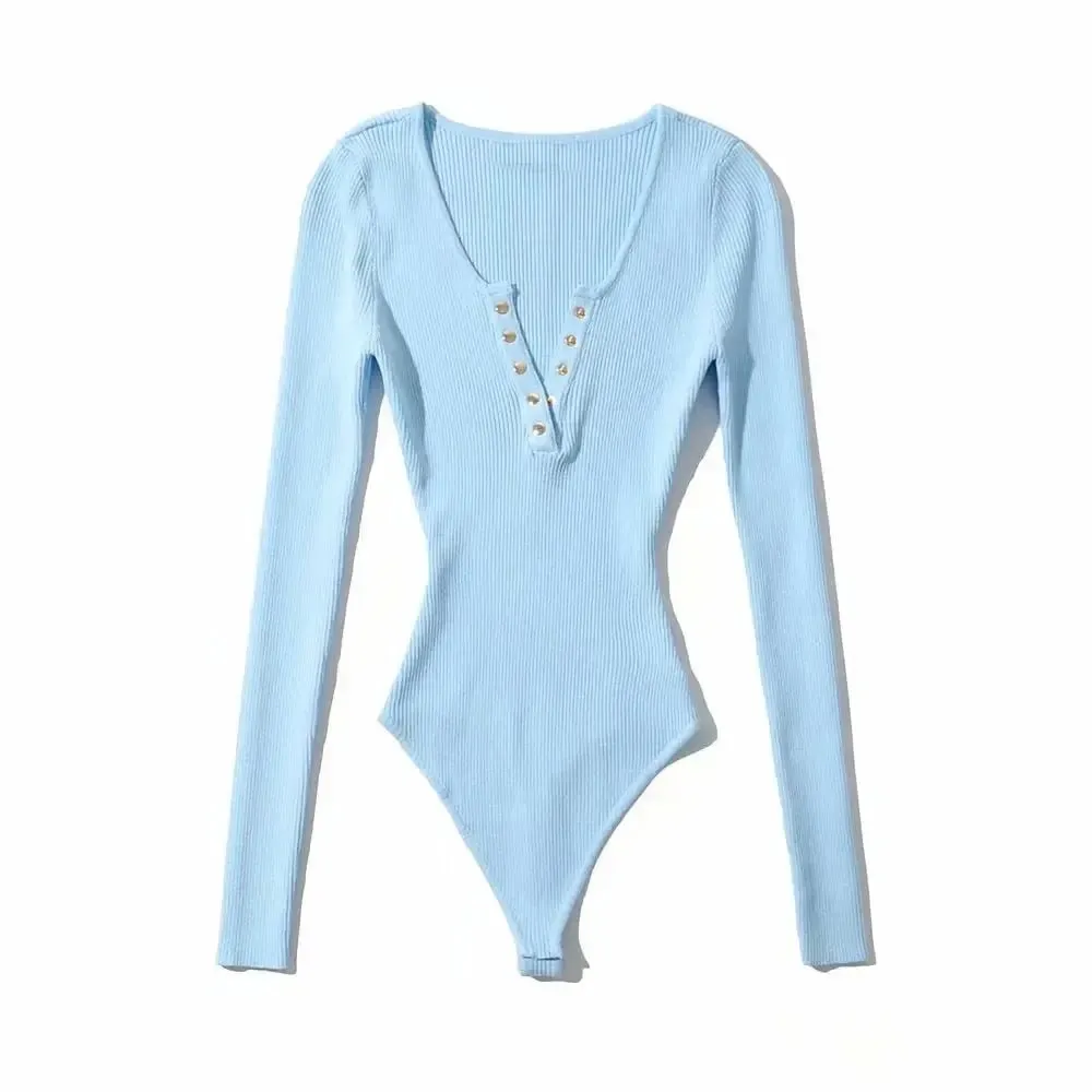 Long Sleeve Gold Button Detail Slim Fit V-Neck Bodysuit Sexy Elegant Wear Spring Autumn Women's Trendy Ribbed Knit Bodysui — image 6