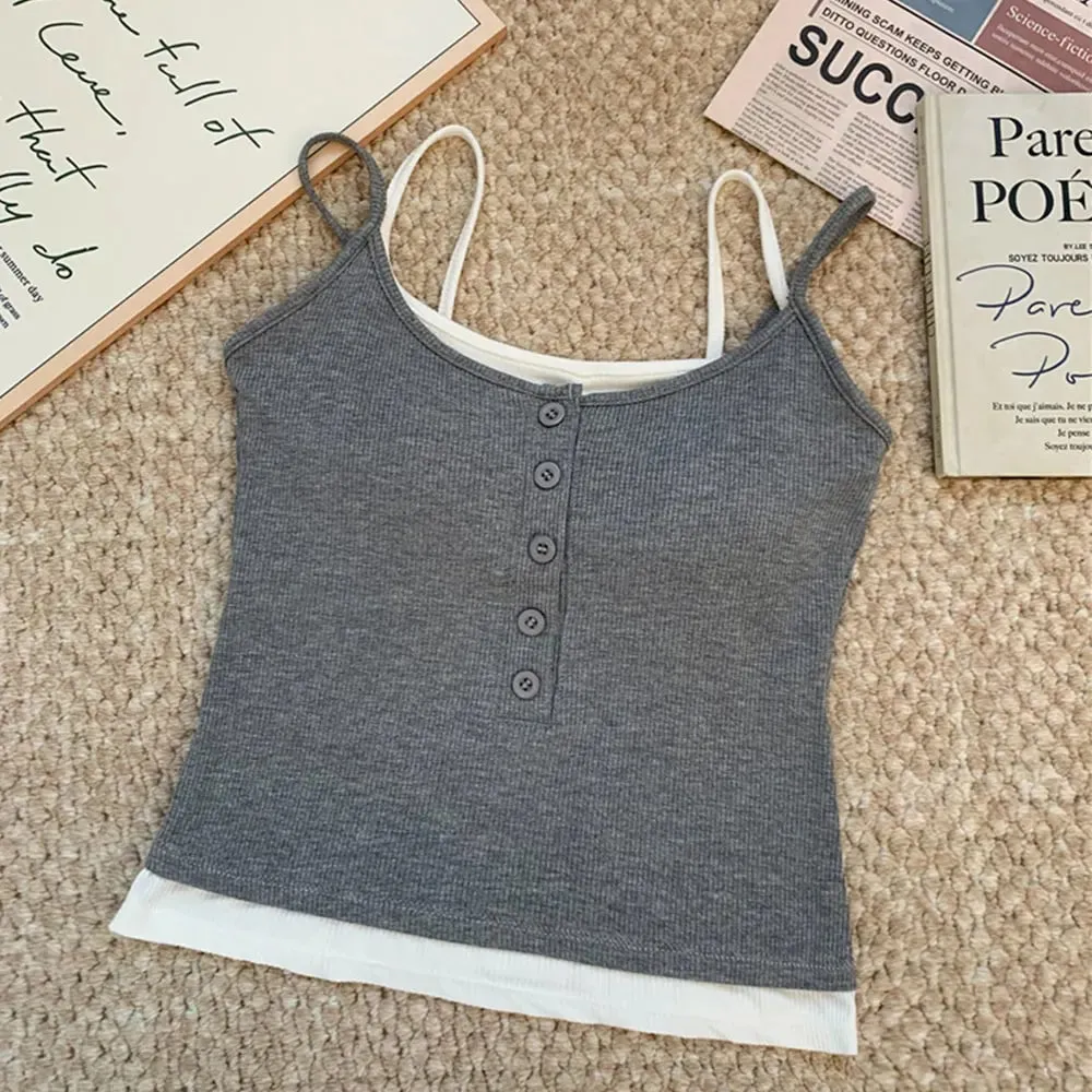 Top Tank Top Dua Keping Palsu Berlapis Kasual Y2K Butang Knit Berusuk Cami Slim Fit Tanpa Lengan Baju Atasan Dengan Pad Dada Untuk Dipakai Harian