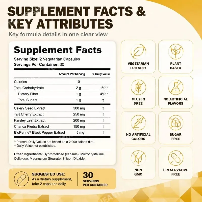 Uric Acid Purge Capsules with Celery Seed Tart Cherry Parsley Extract Vegetarian Formula Daily Joint Support Supplement 60 Count