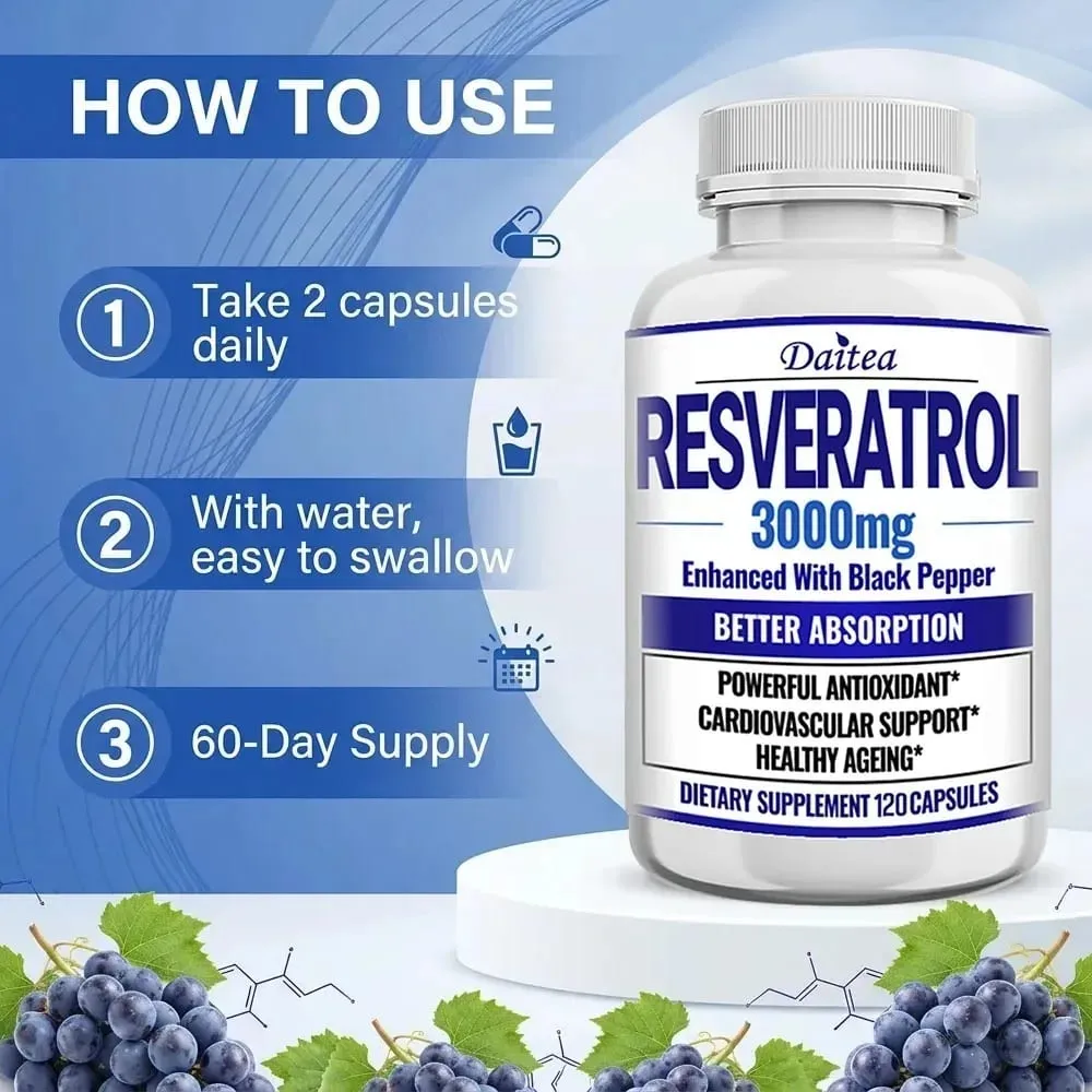 Resveratrol Supplement Capsules - Anti-Aging Cardiovascular & Joint Support Skin Health — image 6