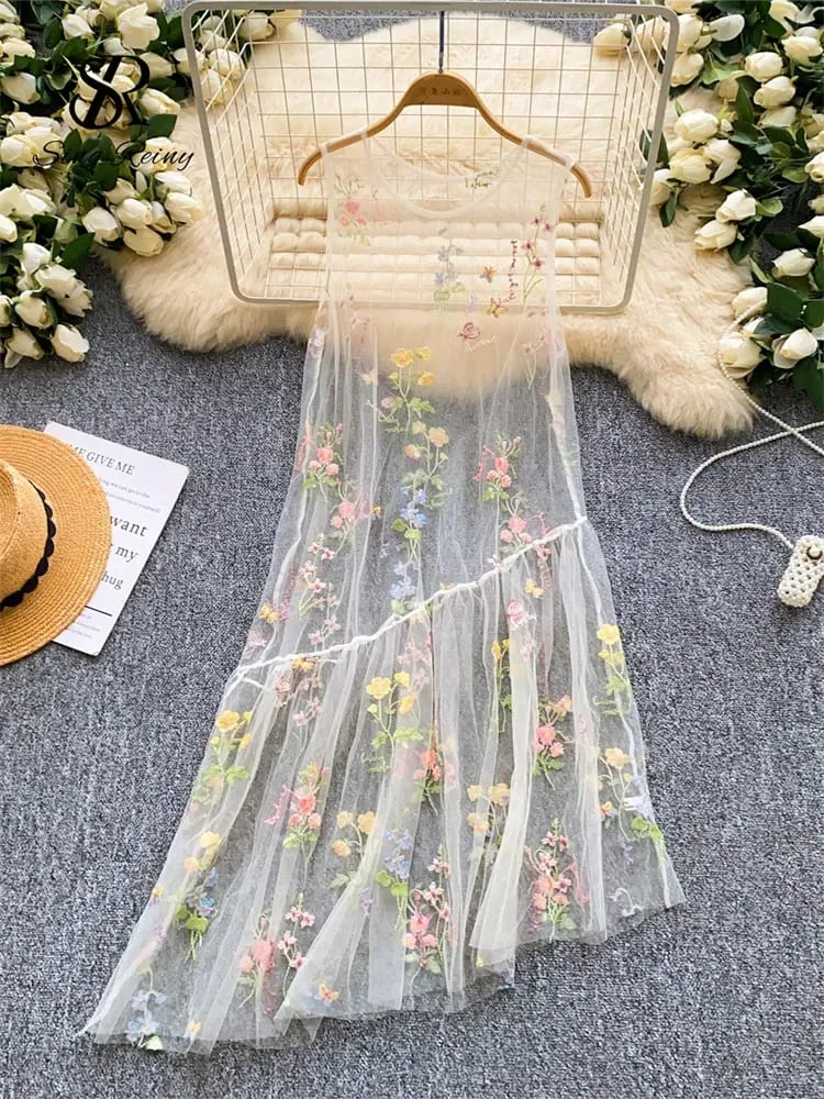 Holiday Floral Embroidery Long Dress 2026 Women O Neck Sleeveless Loose Irregular Summer French Mesh Bohemian Sundress — image 2