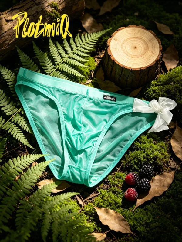 1PCS 망 쉬어 메쉬 비키니 팬티 밝은 노란색 패브릭 장식 흰색 활 U 볼록한 주머니 저층 남성 속옷을 통해 볼