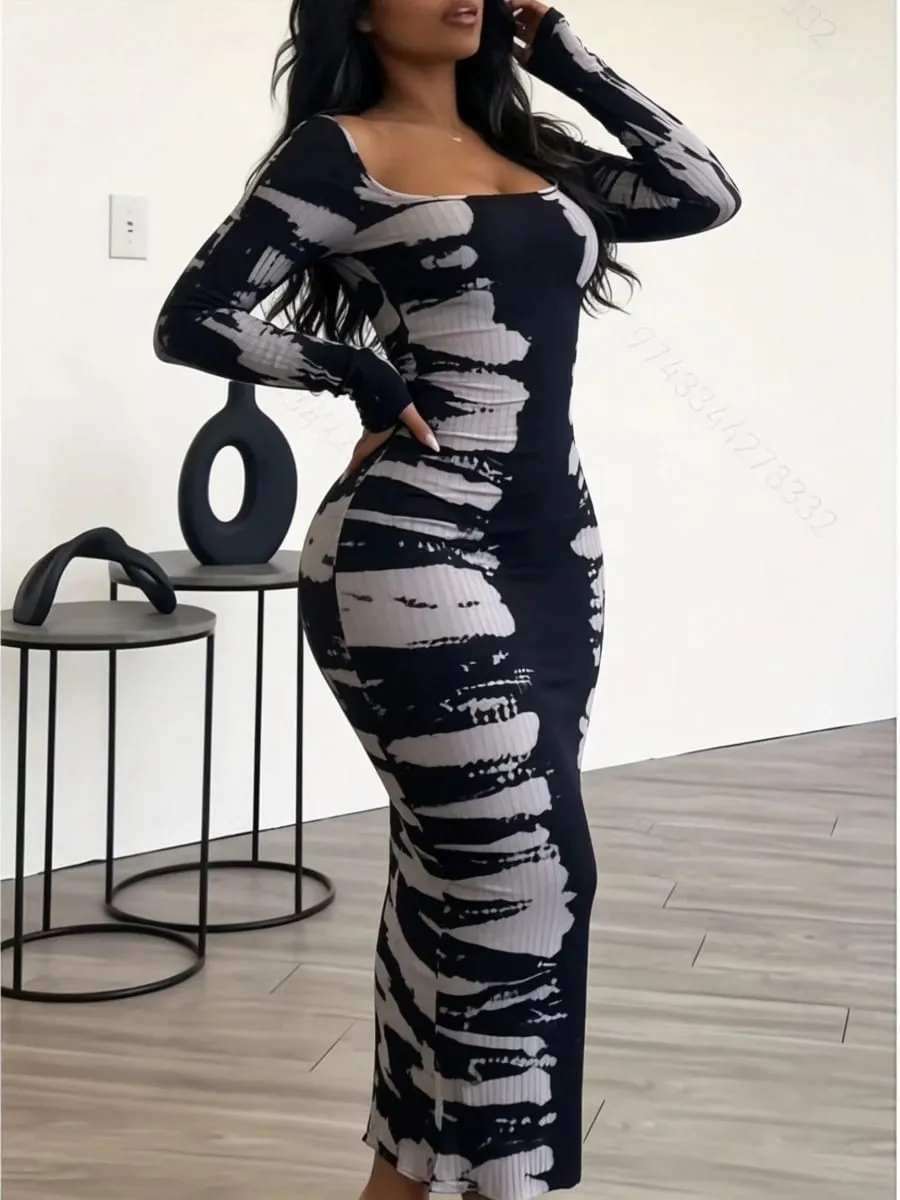 Slim Fit Hip Hugging Long Dress Square Collar Long Sleeves Waist Cinching Figure Show off Square Collar Long Skirt — image 3