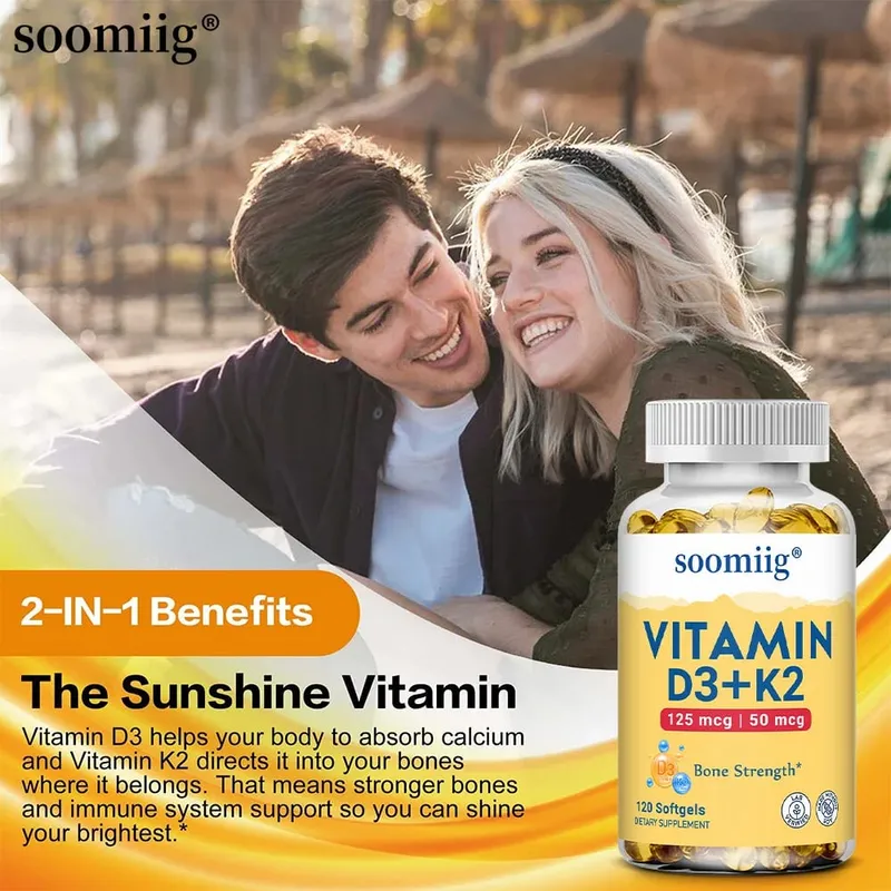 Vitamin D3+K2 Capsules 5000IU 120pcs Bone & Immune Support Vegan Supplement for Bone Precision and Overall Health