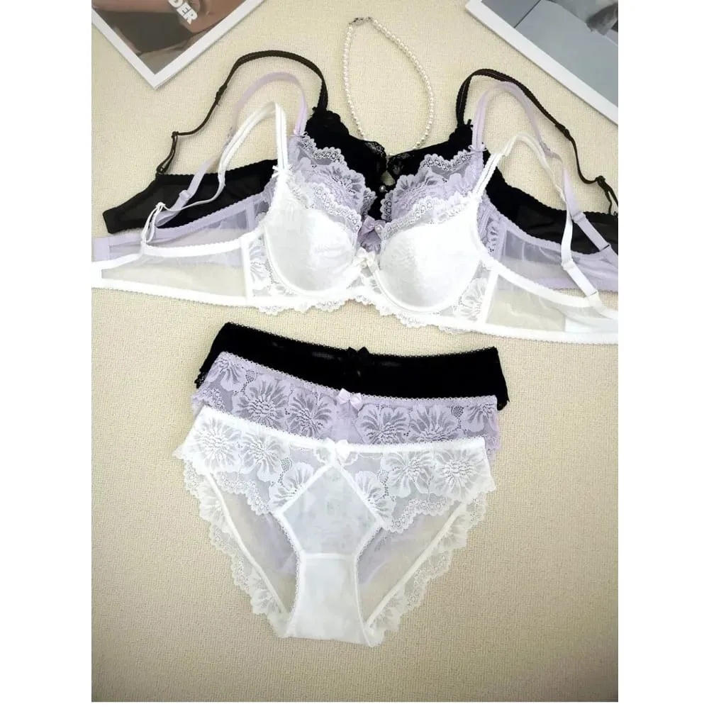 Summer Thin Lace Bra Set For Women Push‑Up Gather Side Fat Control Anti‑Sagging Sexy Soft Lingerie Underwear Kit