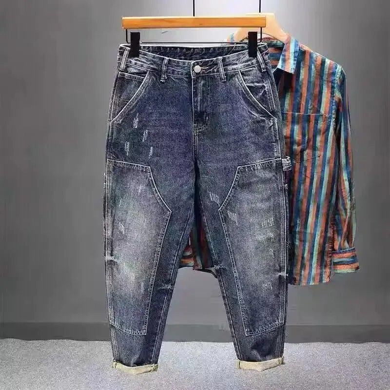Pesado na moda 2025 marca de ferramentas jeans multi-bolso tendência masculina solta retro pequenos pés harlan retalhos carga calças retas — image 2