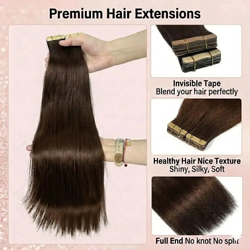 100% Human Hair Tape In Hair Extensions Straight 21pcs/pack Color Adhesive Replaceable Seamless Skin Weft brown Tape For Women — image 5