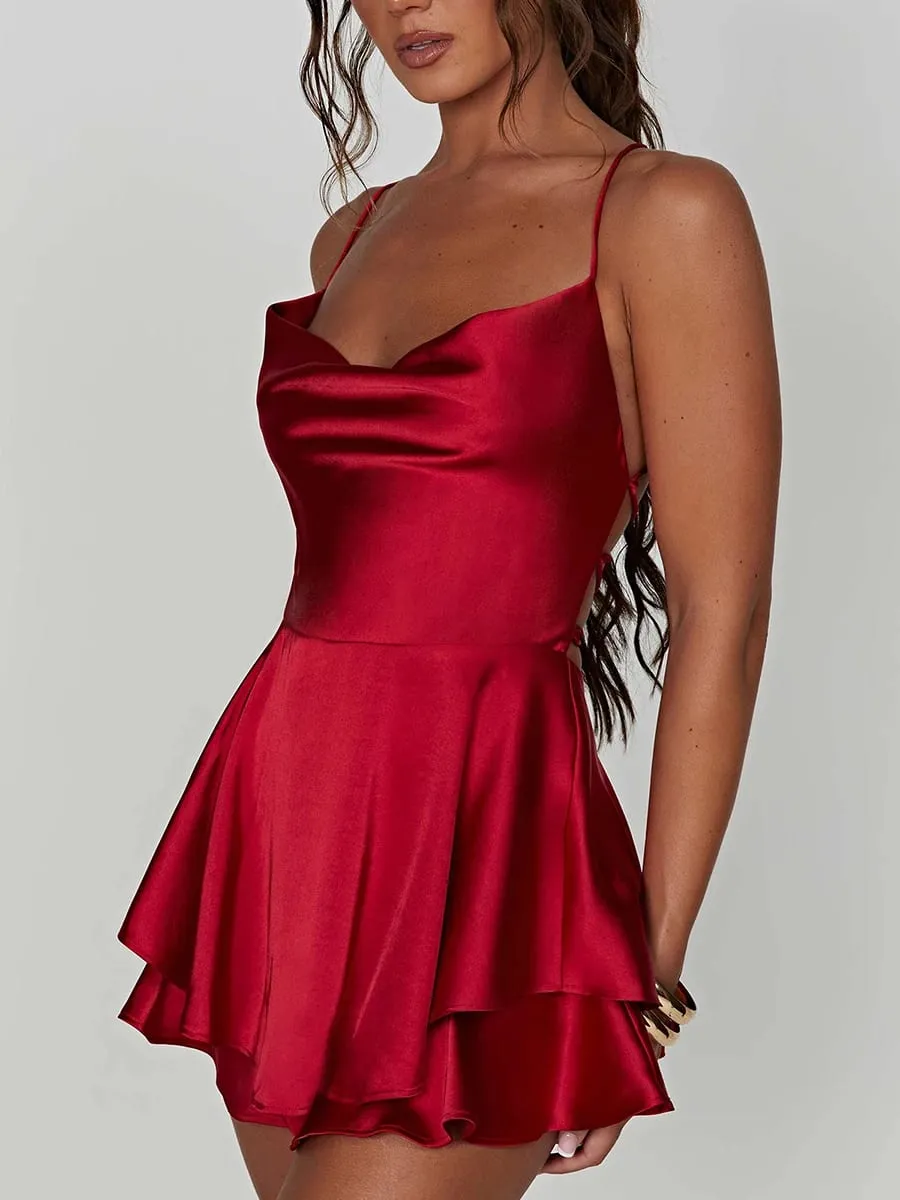 Satin Seide Frauen Sexy Cami Playsuits Kleid Solide Wasserfallausschnitt Ärmellose Kurze Overalls Sommer Kreuz Tie-Up Backless Strampler — image 5