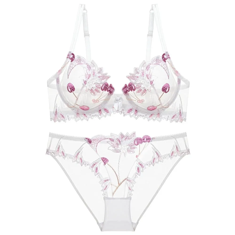Sexy Lace Flowers Embroidery Bra Set Ultra Thin Breathable Steel Ring Bralette Lingerie French Underwear Set70-90 B C D — image 2