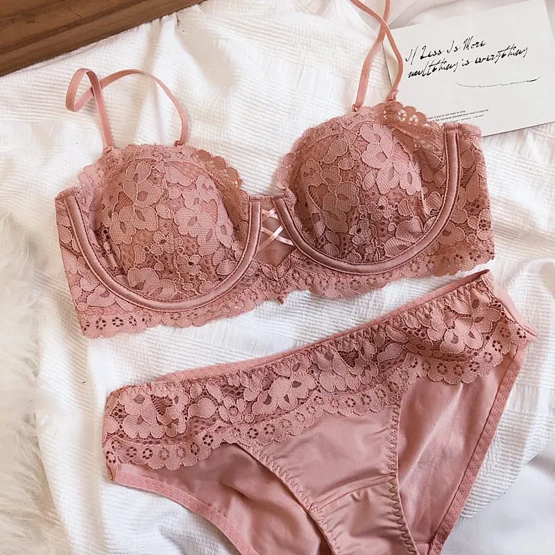 Half Cup Push Up Lace Bra Panties Set Underwear Bunny Ears Thin Lined Removable Straps Non-slip Widen Side Support Sexy Lingerie