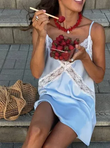 Sexy Satin Lace Patchwork Sling Dress Women Fashion V-neck Sleeveless Hollow Out Mini Dresses 2026 Summer Lady Vacation Robe — image 2