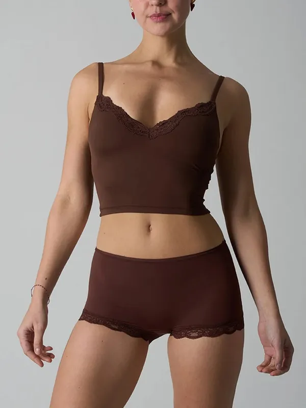 Lace V Neck Padded Bra and Boxer Shorts Set for Women Seamless High Elasticity Ultra Thin Solid Lingerie Set