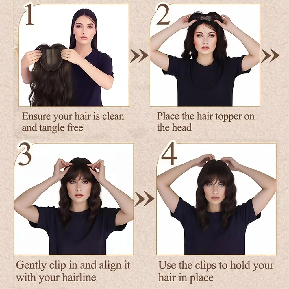 เสื้อคลุมผมสังเคราะห์กับ Bangs ที่มองไม่เห็น 3D Hair Toupee Hairpieces ผมปิดด้านบนสำหรับผู้ชายและผู้หญิง — image 7