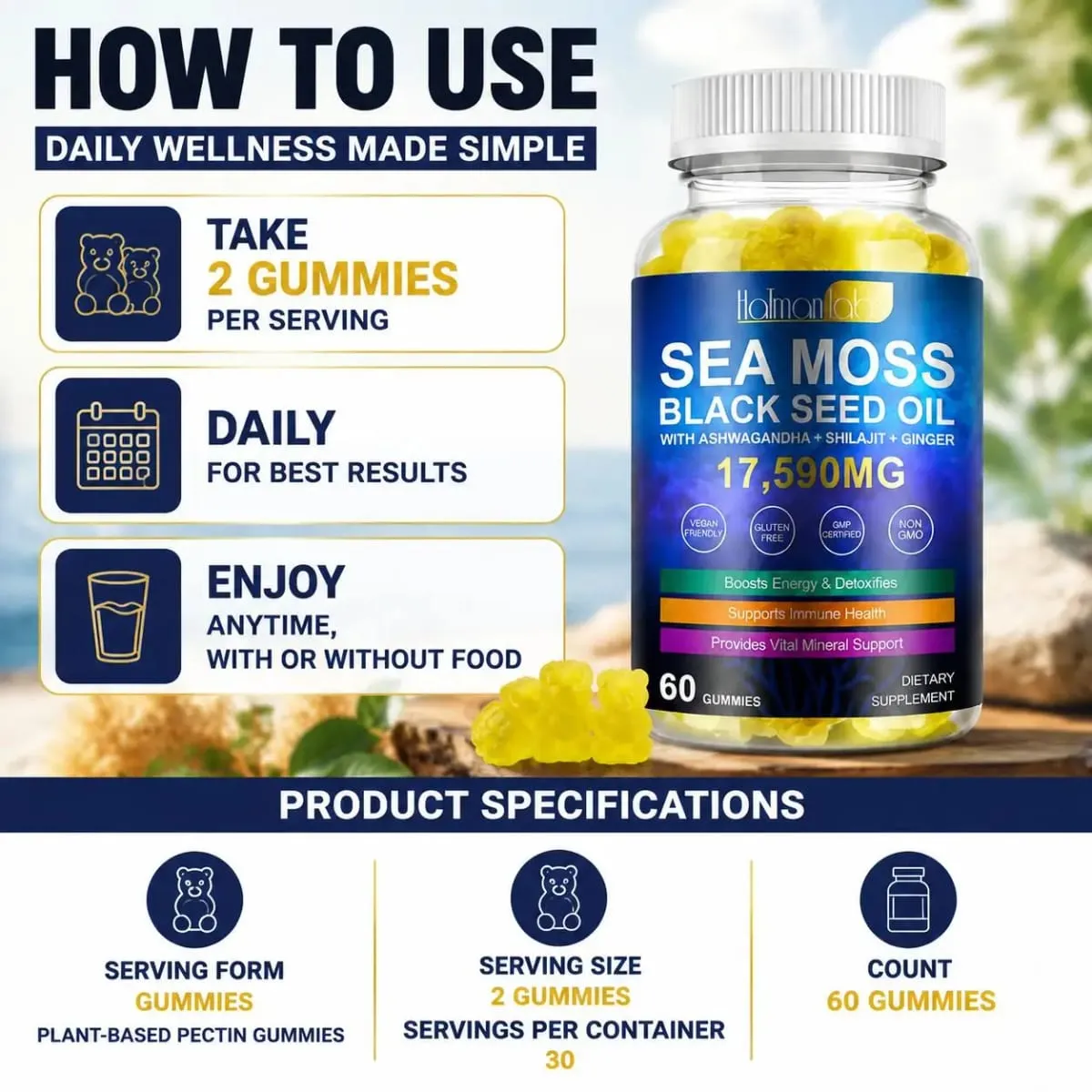 HalmanLabs Sea Moss Black Seed Oil Gummies na may Vitamin C at Vitamin D para sa Immune Health at Vital Mineral Support 60 Gummies