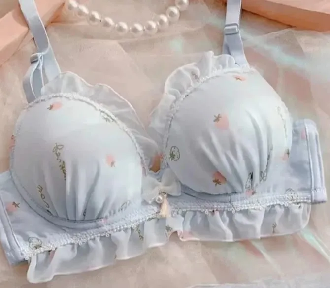 Cute Strawberry Print Wireless Thin Cup Push Up Bra Panty Set Kawaii Japanese Comfort Underwear For Small Chest Daily Wear S-XL — image 9