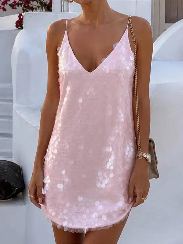 Sequined V-neck Slip Short Dress Women Sexy Spaghetti Strap Sleeveless Backless Shining Slim Dresses Charming Lady Partywear New — image 9