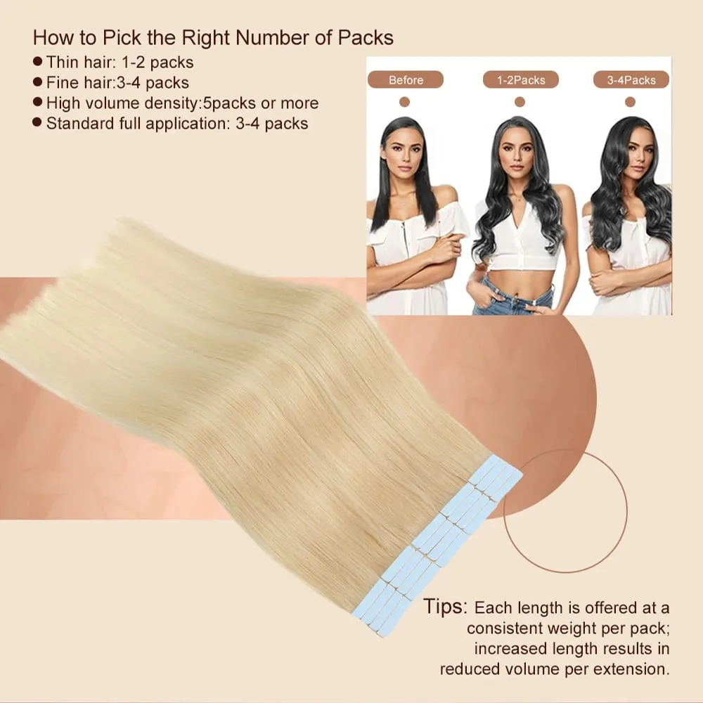 Blond tejp i hårförlängningar Människohår Platinum #60 Straight Seamless Skin Weft Tejp i Real Human Hair Extensions 50G — image 5