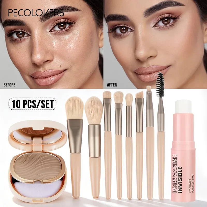 10 Bộ trang điểm cơ bản tất cả trong một Kem lót thu nhỏ lỗ chân lông dạng thỏi và bộ 8 cọ trang điểm chuyên nghiệp