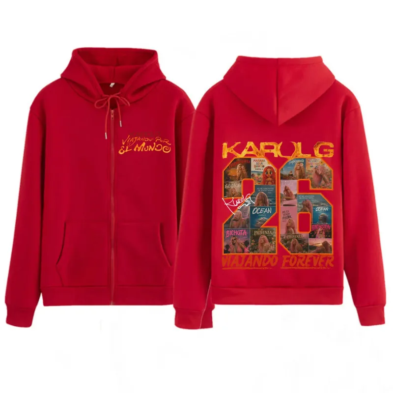 Karol G Viajando Por El Mundo Tropitour 2026 Print Zipper Hoodie Men Women Fashion Sweatshirts Casual Vintage Zip Up Jacket Coat