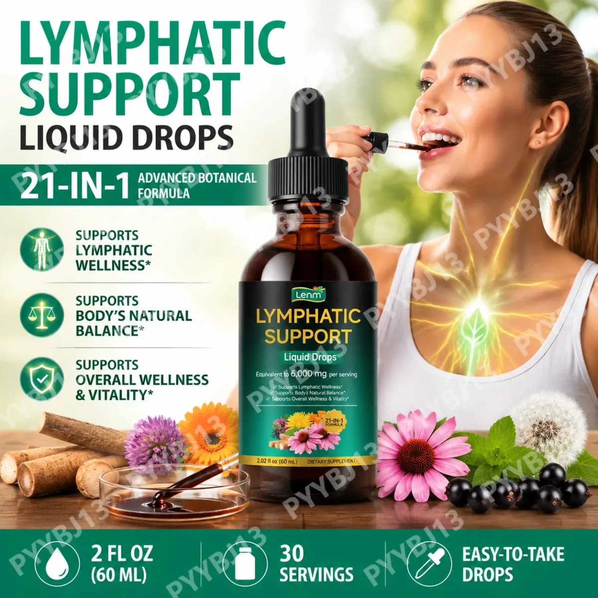 Lenm 60 ml système lymphatique nettoyer soutien immunitaire suppléments liquides gouttes lymphatiques organiques naturelles à base de plantes pour BalanceSupport