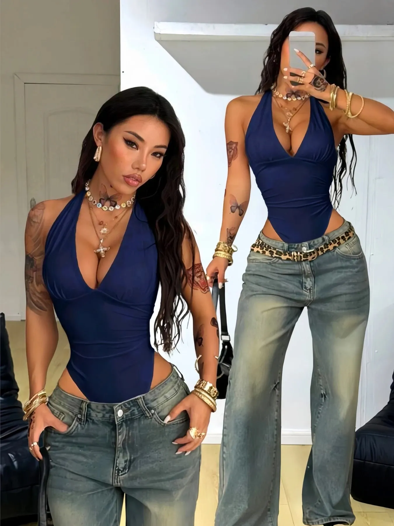Women Halter Deep V Neck Ruched Slim Fit Sleeveless Bodysuit 2026 Summer Y2K Solid White Going Out Streetwear Jumpsuit Top — image 6