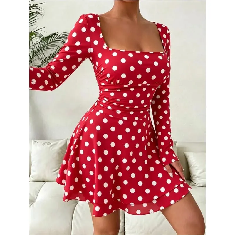 Women's Autumn Polka Dot Print Square Neck Long Sleeve Dress Waist Cinched A-Line Mini Skirt Sexy Fashionable Length