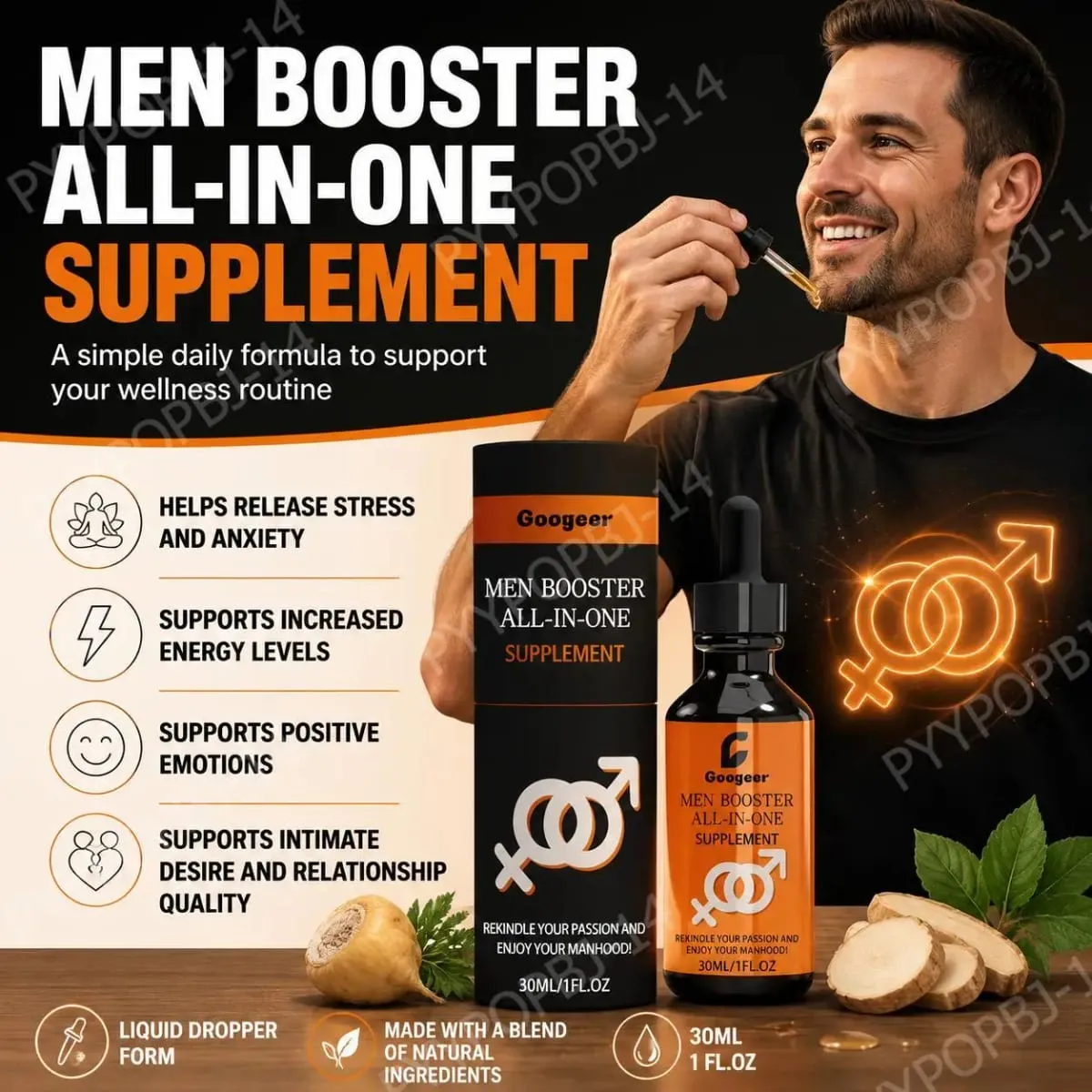 Googeer Men Booster All-in-One Supplement Drops with Maca Root Extract and Kudzu Root Extract for Energy Relaxation 30 ML — image 1