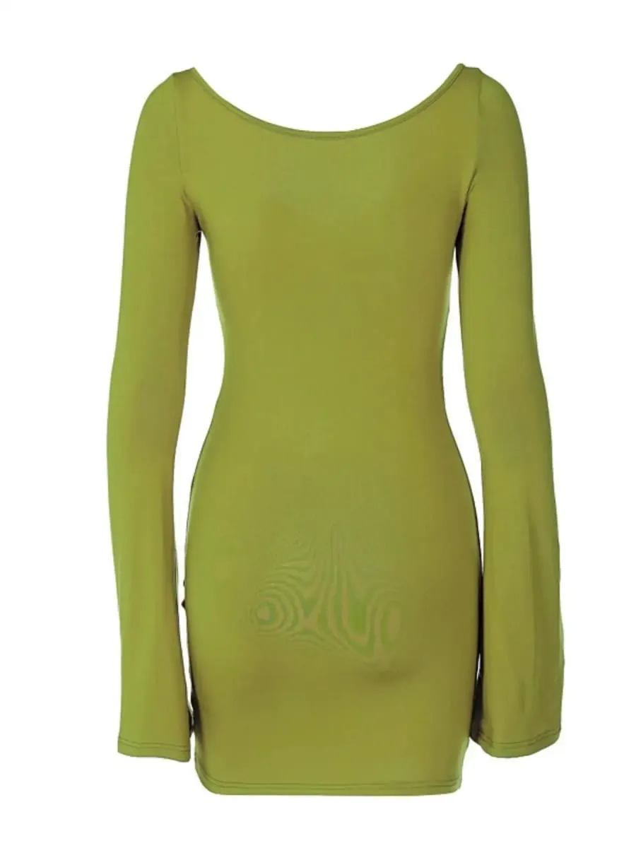 Women's Long Sleeve Ruched Bodycon Dresses Bell Sleeve Sexy Square Neck LowCut Cocktail Club Party Mini Short Dress — image 3
