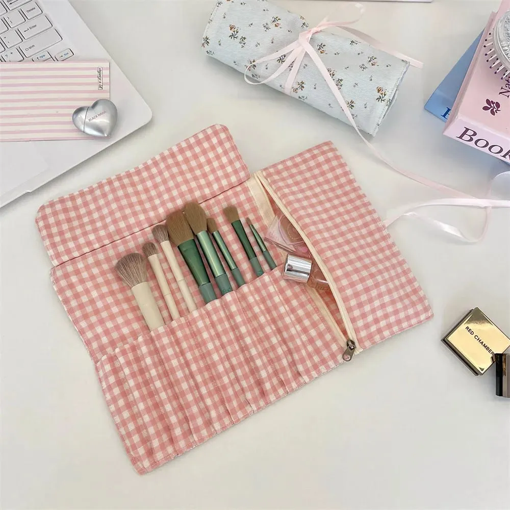 Fabric Floral Makeup Brush Storage Bag Large Portable Cosmetic Pouch for Eyeshadow Brushes & Eyebrow Pencils Desktop Organizer — image 3
