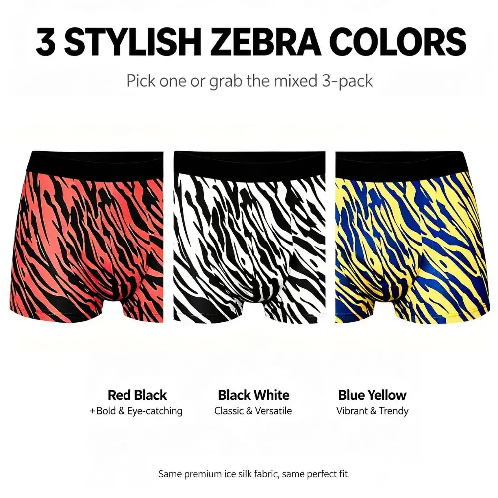 1/3Pcs Set Men's Zebra Print Ice Silk Boxer Briefs Quick Dry Breathable 3D Pouch Anti-Chafe Underwear for Gym Office Daily Wear