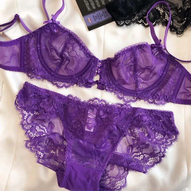 Sexy Hollow Bra French Ultra Thin Lace Embroidery Women Lingerie Set Underwire Push Up Bras Breathable Underwear and Panties Set — image 10