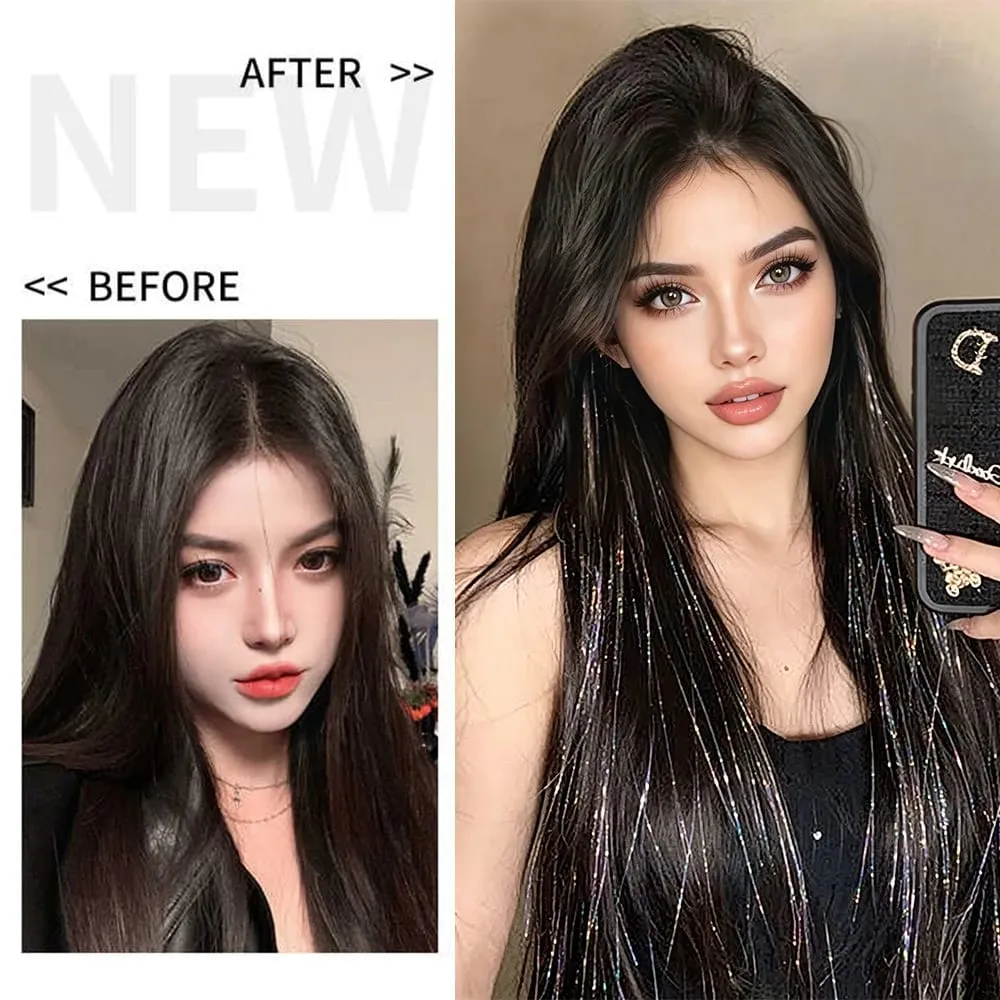 Shiny Sparkle Hair Extension Clip In Hair Tinsel Glitter Fairy Hair Tinsel Kit Heat Resistant 2Pcs Hair Streak Synthetic Hair — image 3