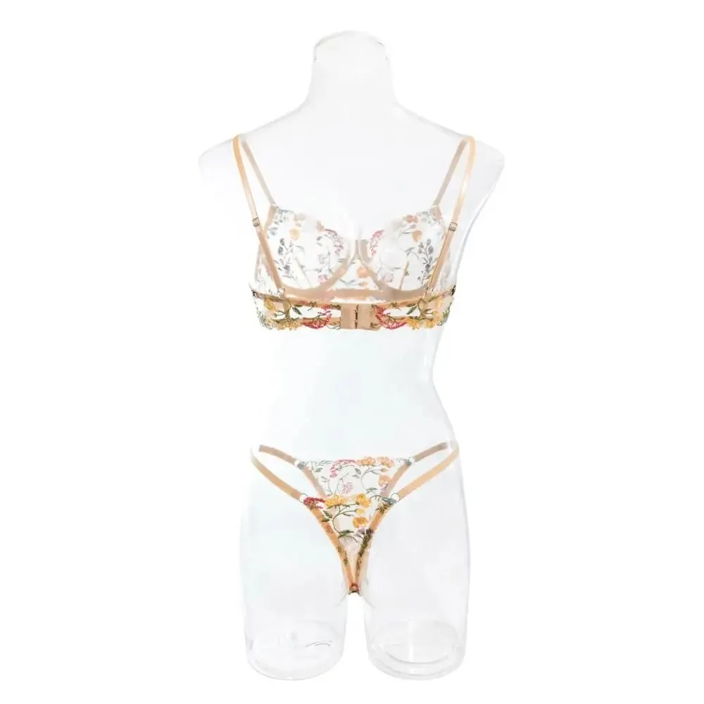 2-Piece Versatile Floral Lingerie Set Embroidery Sheer Boho Bra Panty Set Wireless Bra — image 5