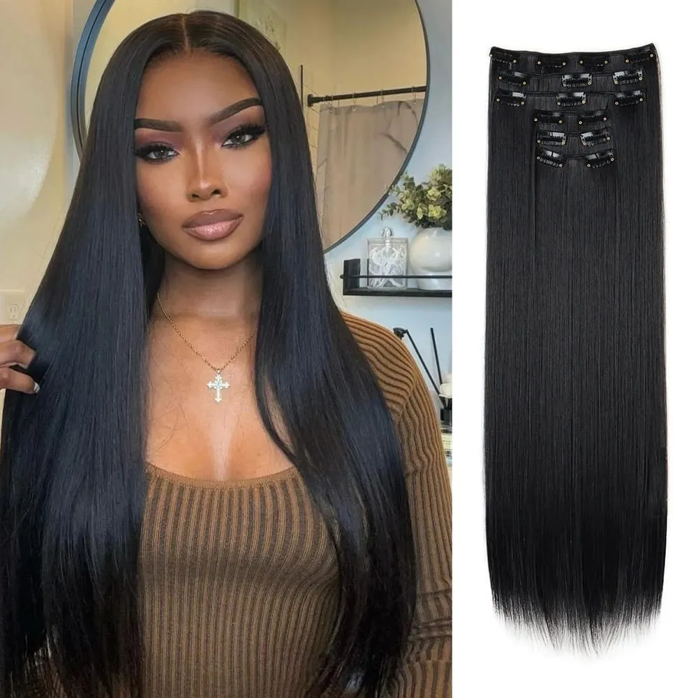 Black Hair Extensions 24"/60cm 6pcs/set Women Long Straight Synthetic Full Head Clip 16 Clips Ombre Heat Resistant Fiber Hair